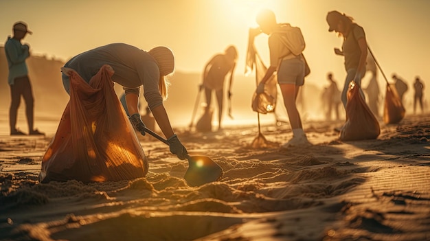 Group of volunteers collecting garbage on the beach at sunset low angle view Generative AI