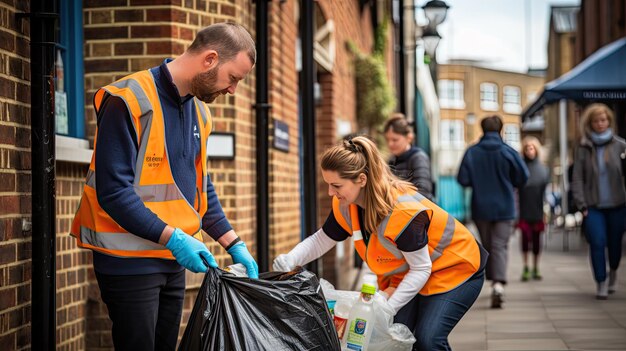 Group of volunteers collects garbage in bags taking care of nature cleaning the park street garbage and trash Generative AI