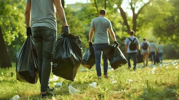 Foto un gruppo di volontari che raccoglie la spazzatura dal suolo