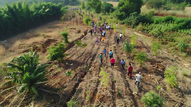 Photo a group of volunteers plant trees in a barren field they are working to reforest the area and create a new forest