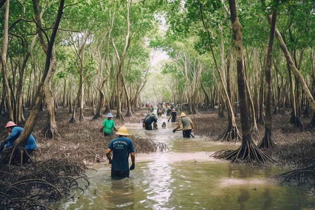 Photo group of volunteers planting mangrove forests generative ai