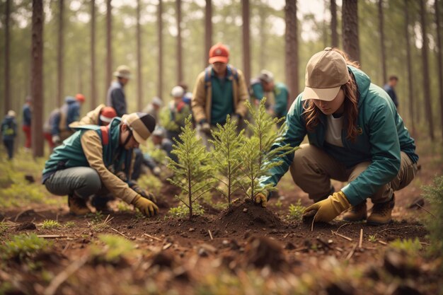 숲 AI 생성에 소나무를 심는 자원봉사자 그룹