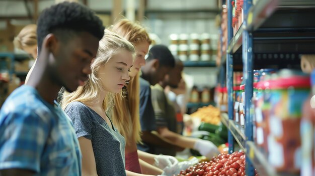 Photo a group of volunteers sort through donations at a local food bank