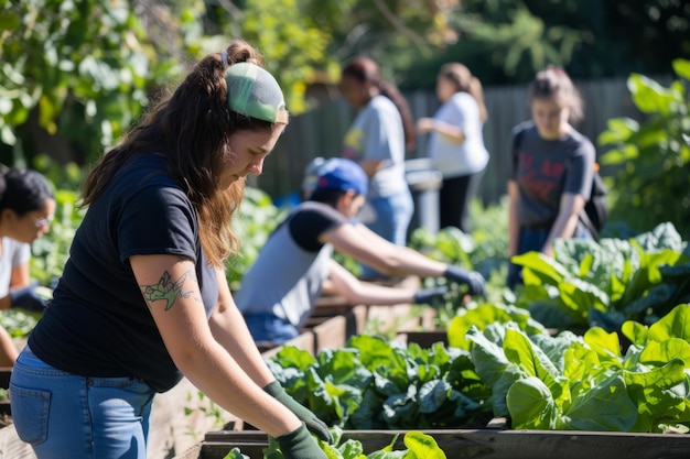 Foto un gruppo di volontari che si occupa di un giardino comunitario coltivando verdure fresche da donare ai rifugi locali