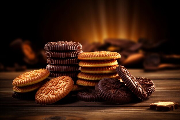 Group of wafer biscuits on lignt wood table