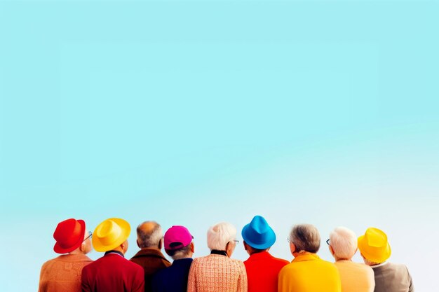 Photo a group of waisthigh elderly people in colorful clothes and hats stand with their backs