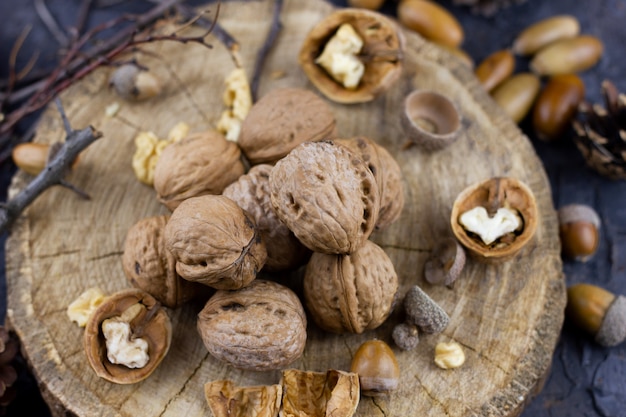 A group of walnuts on dark. Hazelnuts harvested in autumn