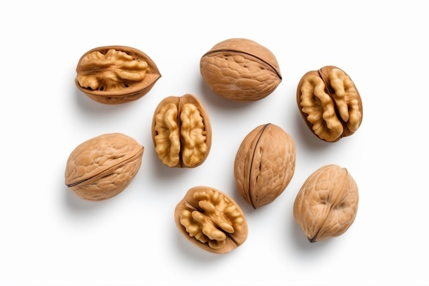 a group of walnuts on a white surface