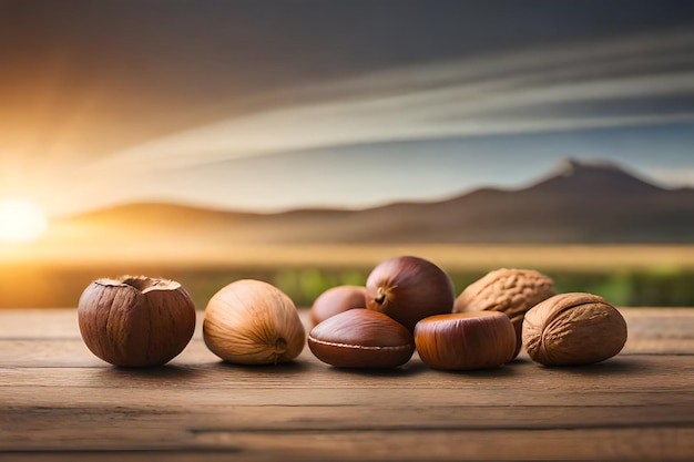 a group of walnuts on a wooden table with the sunset in the background.