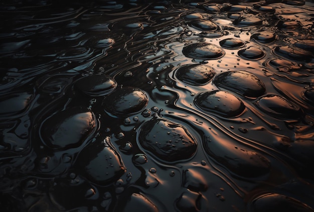 A group of water droplets are on a surface with the words " oil " on it.