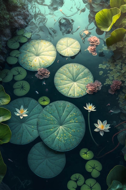 Group of water lillies floating on top of a pond generative ai