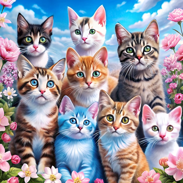 Group of watercolor cats