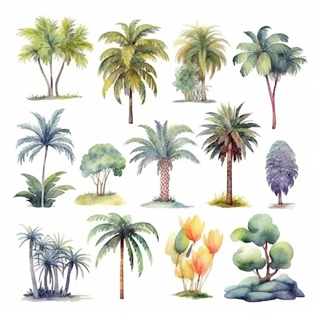 Photo a group of watercolor palm trees and bushes on a white background generative ai