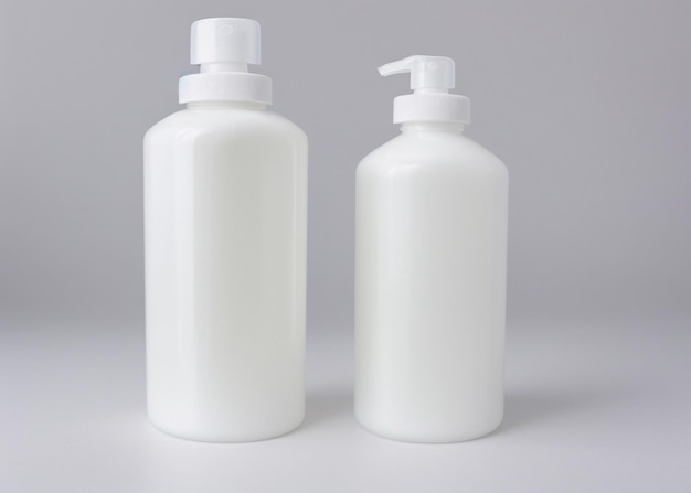 A group of white bottles cosmetics soap cream