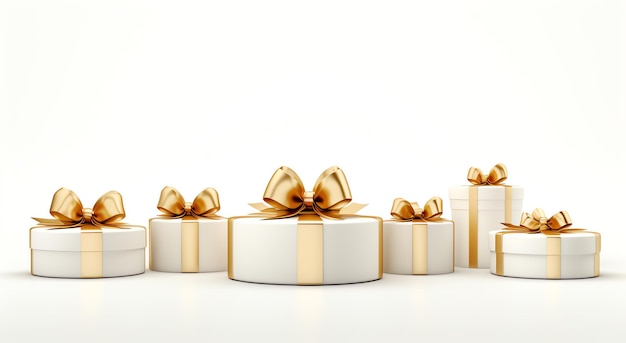 a group of white boxes with gold bows