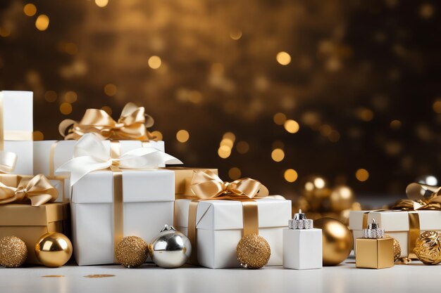 a group of white boxes with gold and silver ornaments