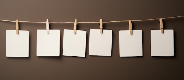 a group of white cards with clothespins on a string