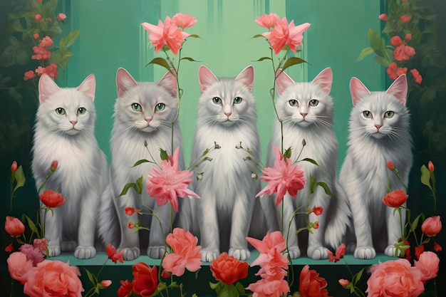 A group of white cats sitting next to each other generative ai image