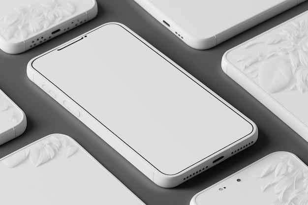 A group of white cell phones are lined up on a gray surface.