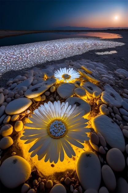 Group of white flowers sitting on top of a rocky beach generative ai