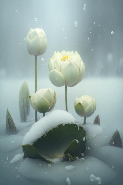 Group of white flowers sitting on top of a snow covered ground generative ai