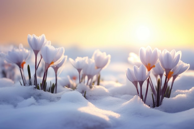 雪で覆われた地面の上に座っている白い花の群れ