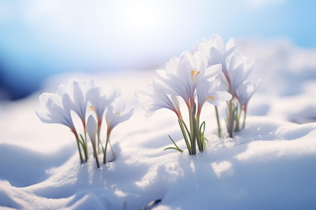 a group of white flowers sitting on top of snow covered ground