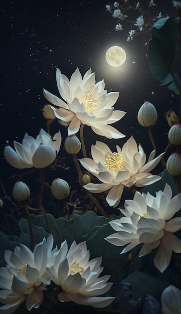 Group of white flowers with a full moon in the background generative ai