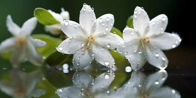 a group of white flowers with water droplets