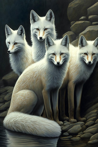 Group of white foxes sitting next to a body of water generative ai
