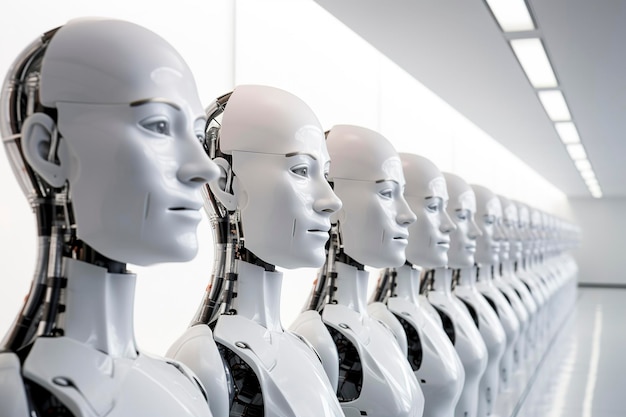 Группа белых глянцевых роботов с искусственным интеллектом