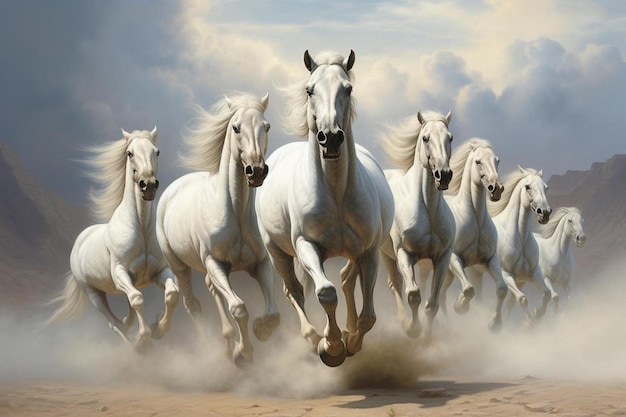 a group of white horses running in the desert.