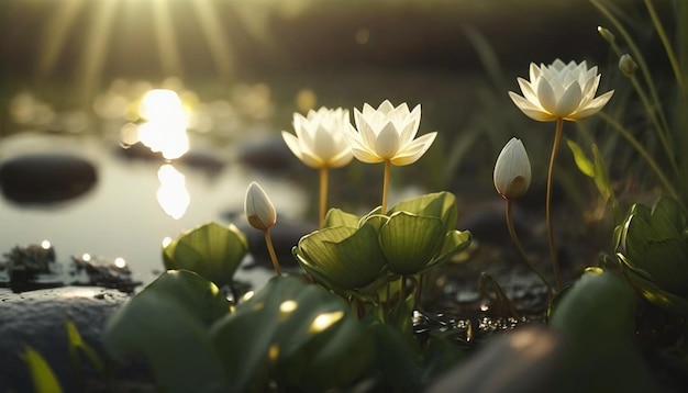 A group of white lotus flowers in a pond with the sun shining on the water.