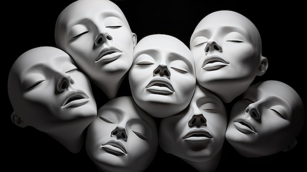 A group of white masks with the mouth open.