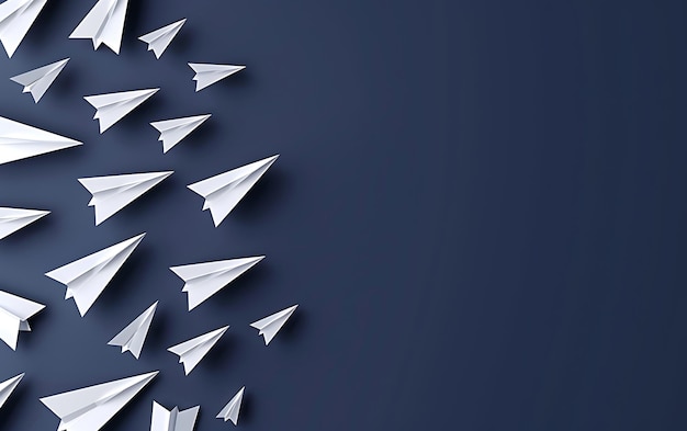 a group of white paper airplanes are lined up against a blue sky