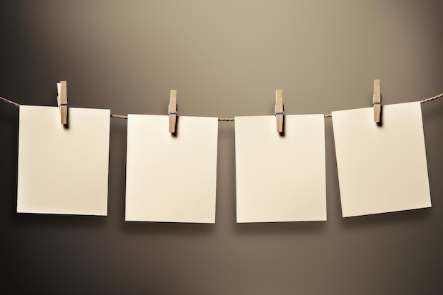 a group of white paper on a rope with clothespins