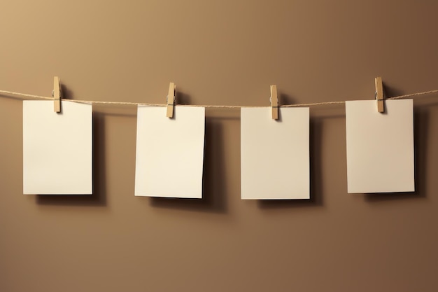 a group of white paper on a rope with clothespins