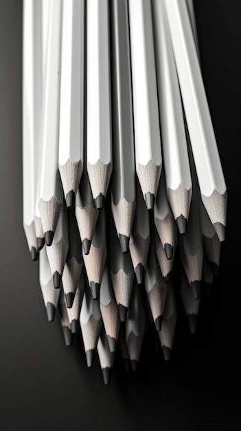 A group of white pencils arranged neatly in a row