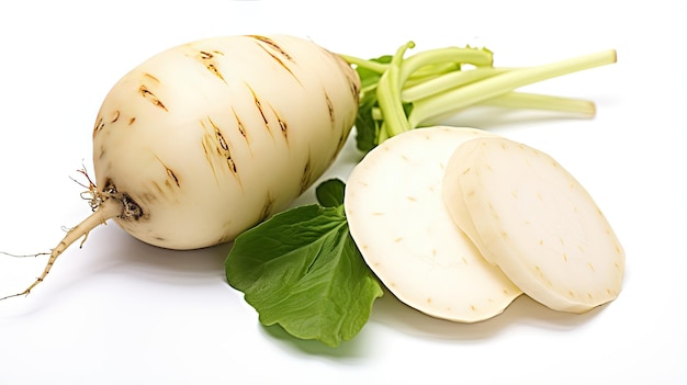 a group of white radishes with a brown spot on the top.