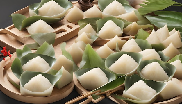 Photo a group of white rice with green leaves and a bamboo stick