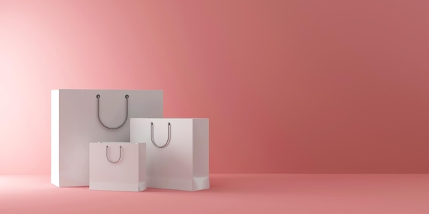 Photo group of white shopping bags near the wall on pink studio background