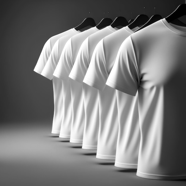 어두운 배경에 격리된 옷걸이에 흰색 티셔츠 그룹