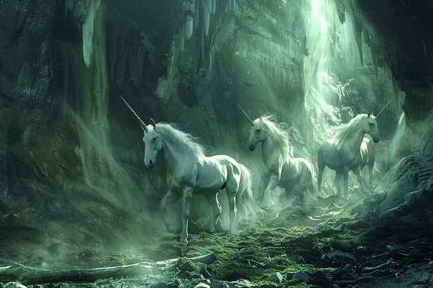 Photo a group of white unicorns are standing in front of a waterfall