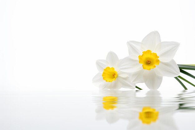反射表面に白と黄色の花の群れ