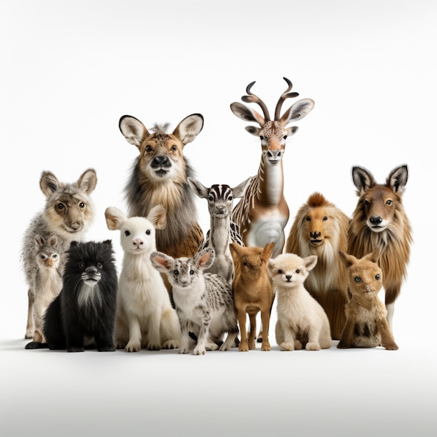 Group of wild animals on white background