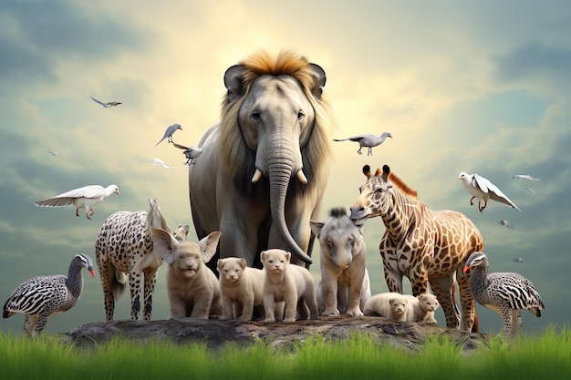 Photo group of wild forest animals world animal day concept generative ai