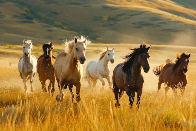 Foto un gruppo di cavalli selvatici che galoppano attraverso un prato