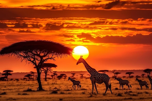 group of wild zebras and giraffe in the african savanna at sunset wildlife of africa