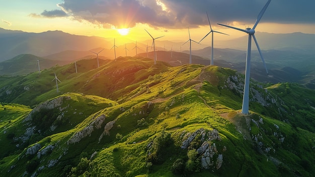 Group of Wind Turbines on Hilltop