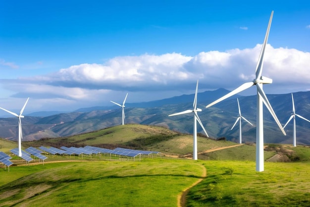 A group of wind turbines on top of a lush green hillside